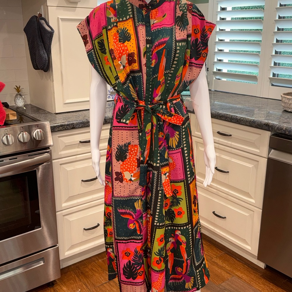 Colorful Animal Print Farm Rio INSPIRED Button Down Silky Maxi Dress L